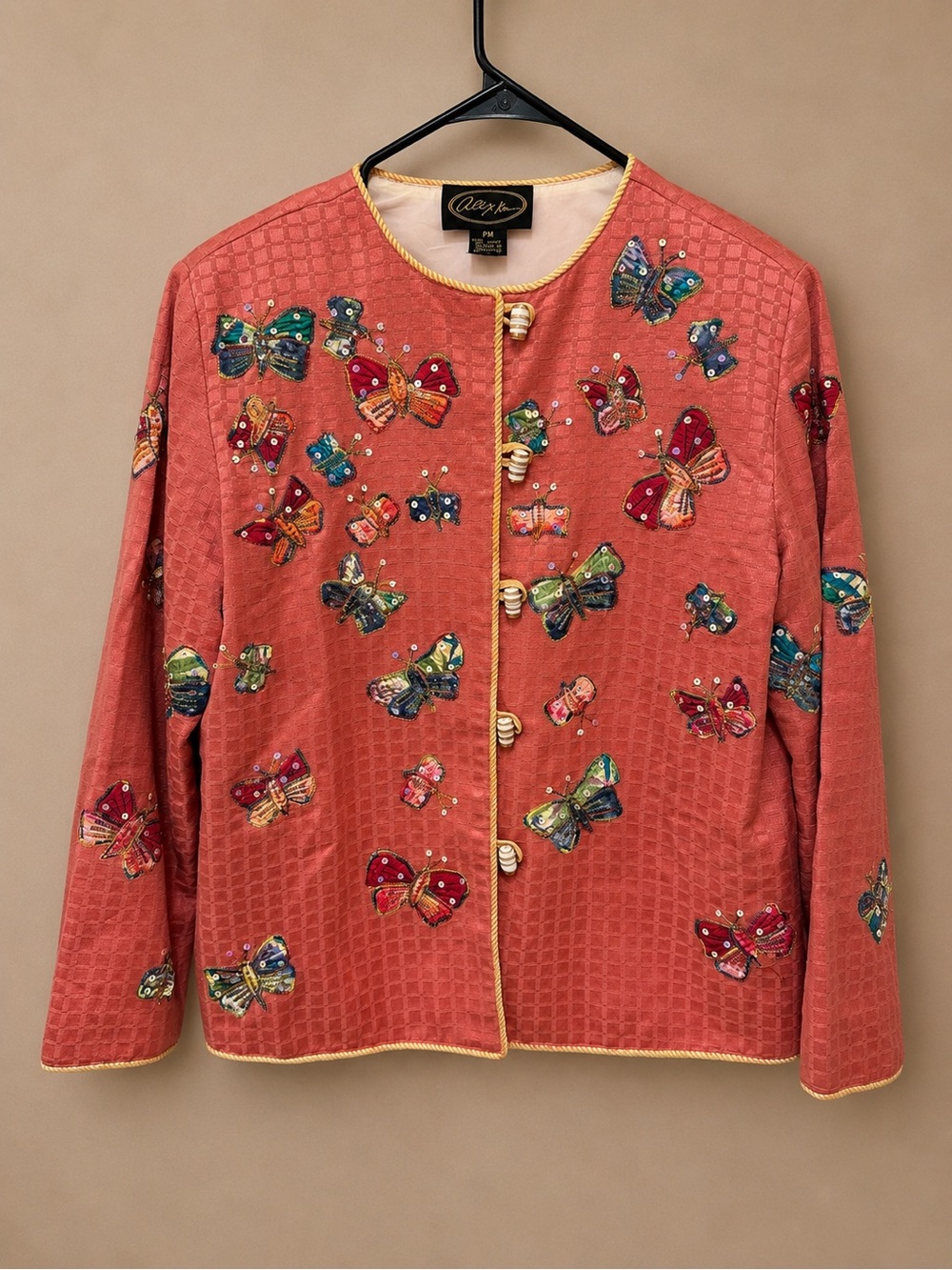 Vintage Alex Kim Evenings Coral Butterfly Embellished Jacket - Picture 1 of 2